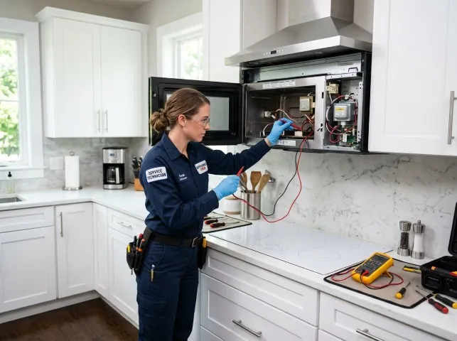 Appliance Repair Hero technician testing an over-the-range microwave in a Birds Landing, CA kitchen